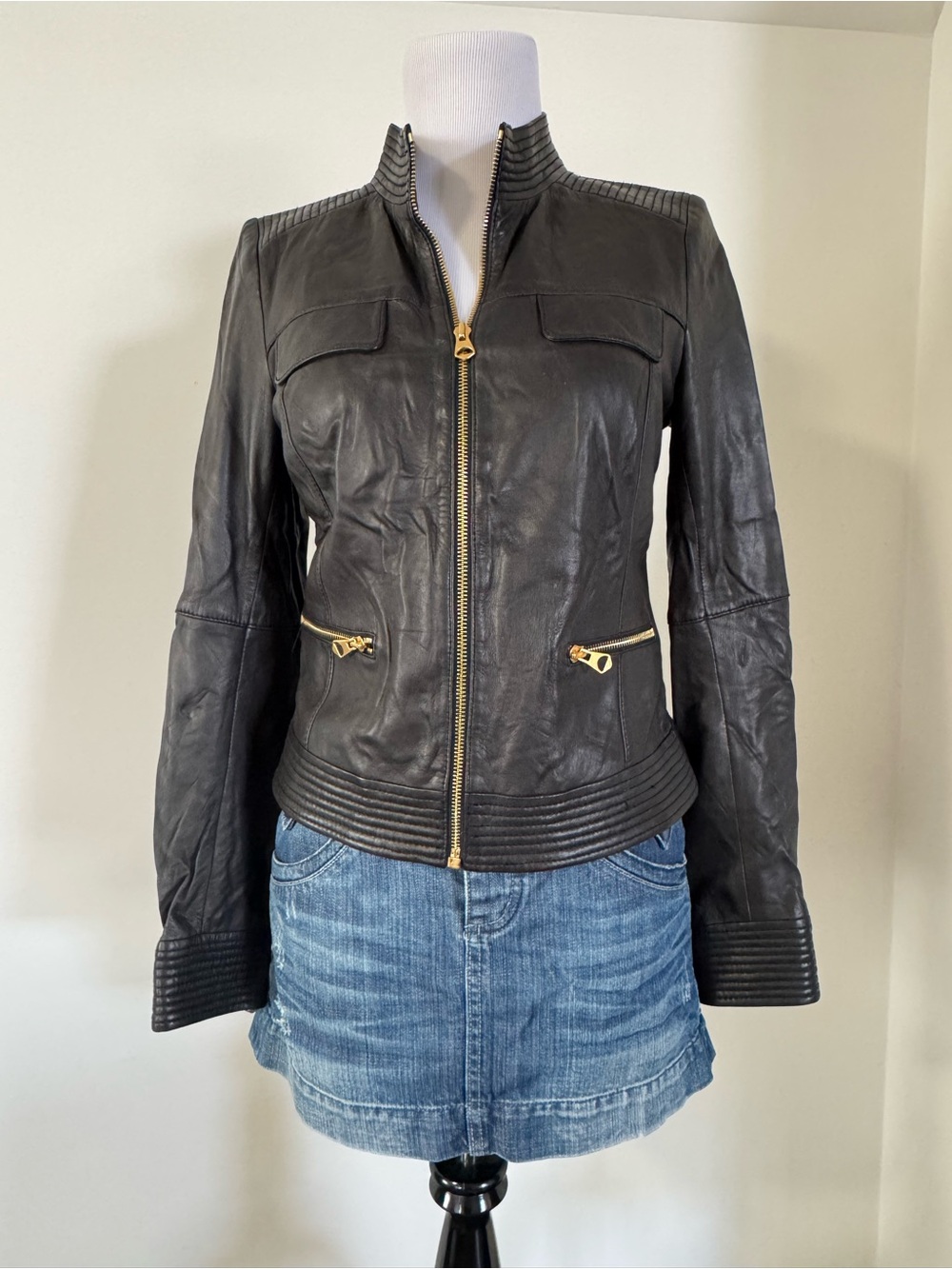 Classiques Entier Black Leather Zip Jacket with Gold Accents